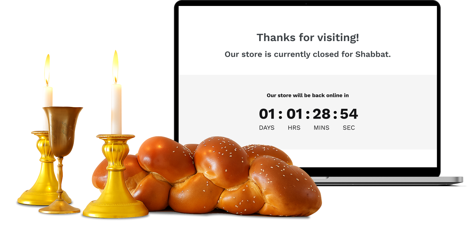 Laptop displaying Shabbat Mode store closure page with countdown timer, alongside lit Shabbat candles and challah bread