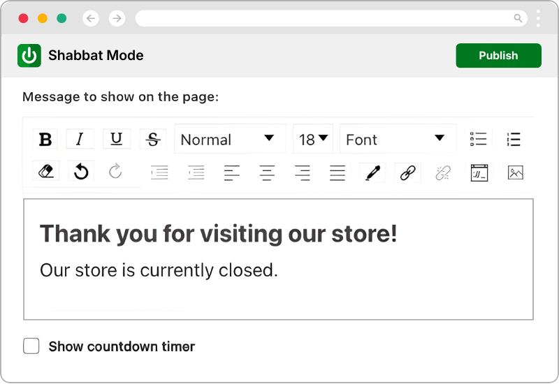 Store closure settings showing timezone and display options
