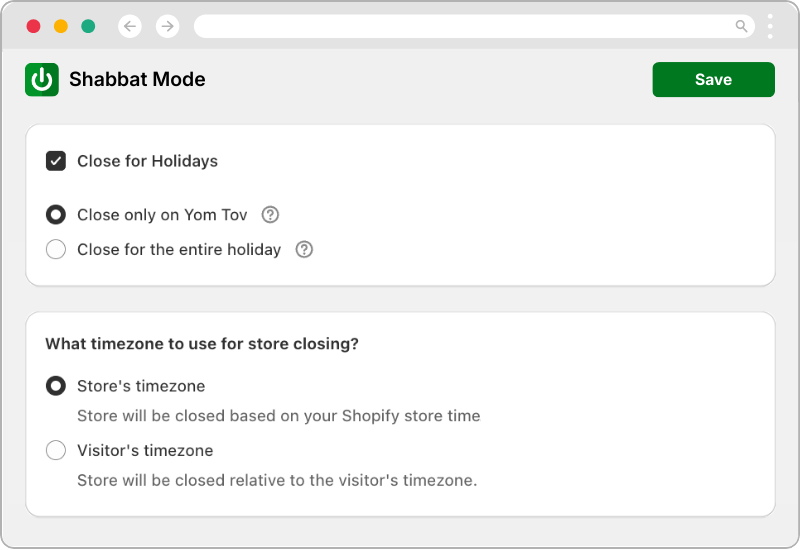 Holiday scheduling settings showing closure options and timezone configuration